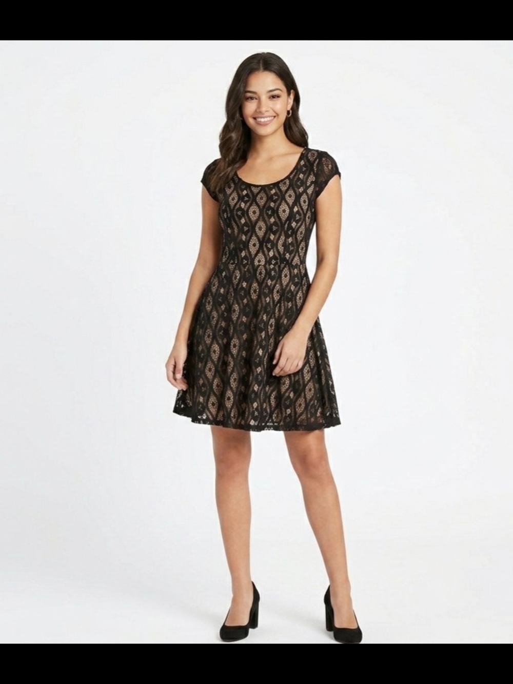 Socialite Black Lace Overlay Short Sleeve Fit & Flare Dress